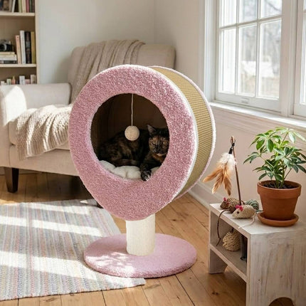 Pink Elevated Cat Bed with Sisal Scratching Post Condo