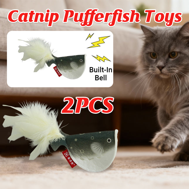 2pcs Catnip Pufferfish Cat Toy with Feather Tail Bell Interactive Felt Toy