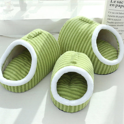 Striped Pet Bed Warm Soft Cat Dog Cave Nest Thickened Cozy Indoor Sleeping