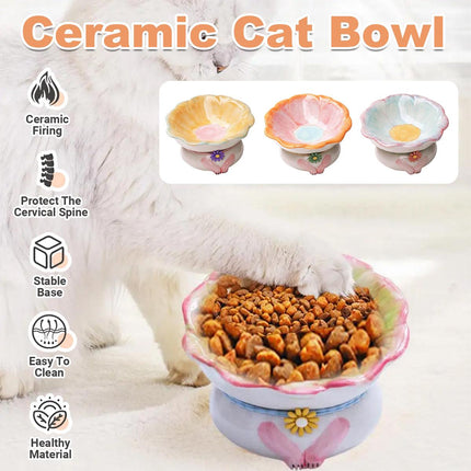 Cute Ceramic Cat Bowl Tilted Tall Pet Food Water Dish Dog Bowl for Cats and Pets