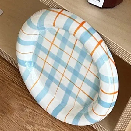 20cm Ceramic Cat Food Bowl Korean Plaid Wide Shallow Whisker Friendly Dish
