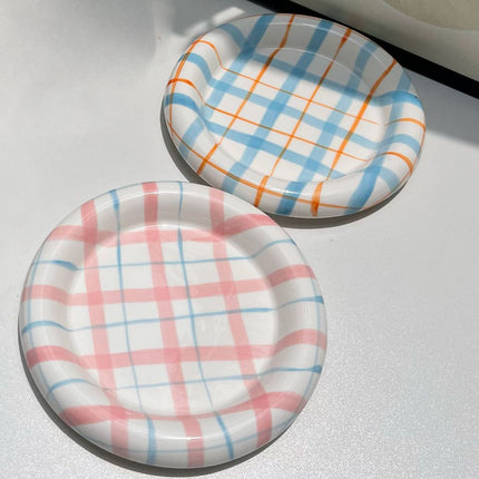 20cm Ceramic Cat Food Bowl Korean Plaid Wide Shallow Whisker Friendly Dish