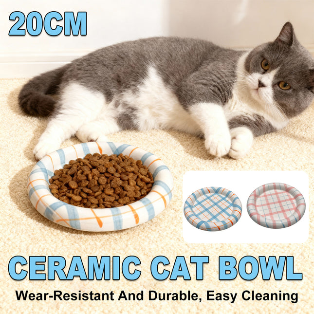 20cm Ceramic Cat Food Bowl Korean Plaid Wide Shallow Whisker Friendly Dish