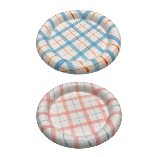 20cm Ceramic Cat Food Bowl Korean Plaid Wide Shallow Whisker Friendly Dish