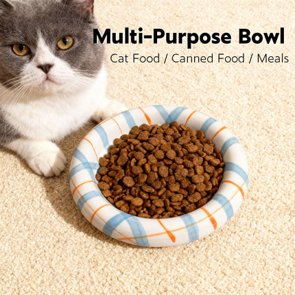 20cm Ceramic Cat Food Bowl Korean Plaid Wide Shallow Whisker Friendly Dish