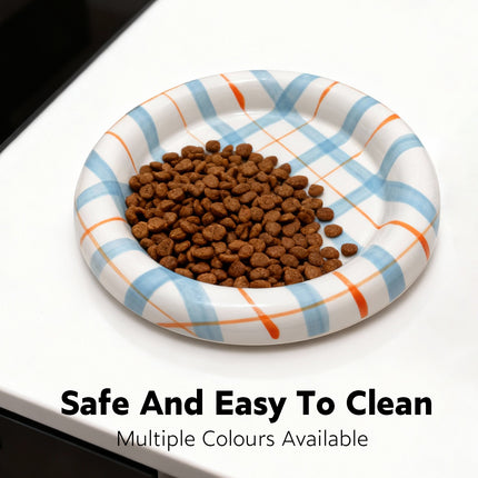 20cm Ceramic Cat Food Bowl Korean Plaid Wide Shallow Whisker Friendly Dish
