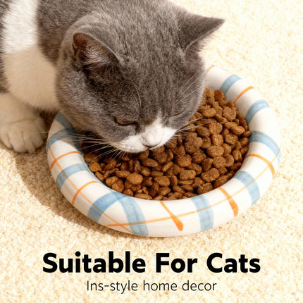 20cm Ceramic Cat Food Bowl Korean Plaid Wide Shallow Whisker Friendly Dish