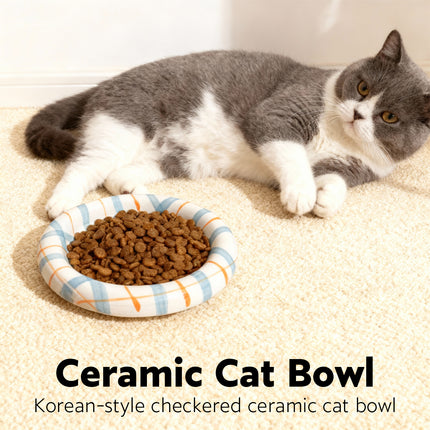 20cm Ceramic Cat Food Bowl Korean Plaid Wide Shallow Whisker Friendly Dish