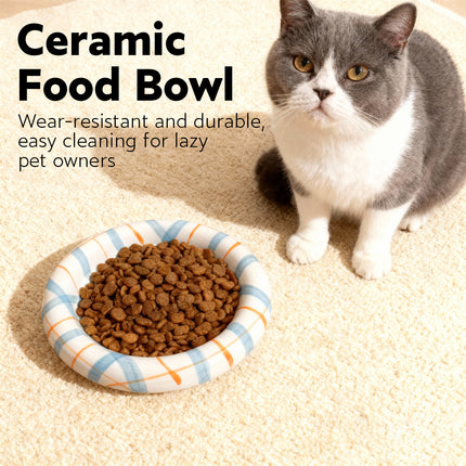 20cm Ceramic Cat Food Bowl Korean Plaid Wide Shallow Whisker Friendly Dish