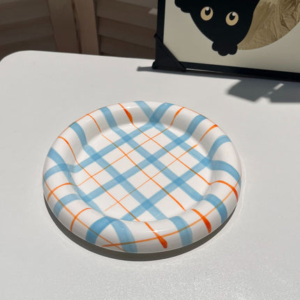 20cm Ceramic Cat Food Bowl Korean Plaid Wide Shallow Whisker Friendly Dish