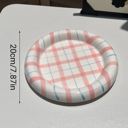 20cm Ceramic Cat Food Bowl Korean Plaid Wide Shallow Whisker Friendly Dish
