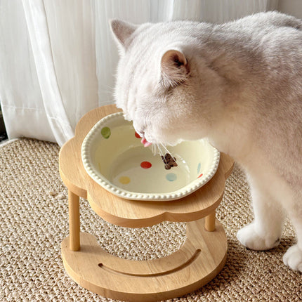 Ceramic Pet Food Bowl with Wooden Base Non Slip for Cats Small Dogs Easy Clean