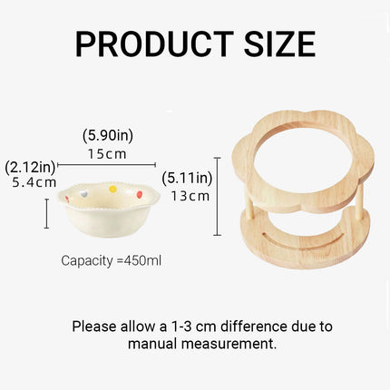 Ceramic Pet Food Bowl with Wooden Base Non Slip for Cats Small Dogs Easy Clean
