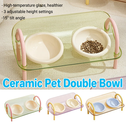 Ceramic Pet Double Bowls Stand Feeder Adjustable Height for Cat Dog Daily Use
