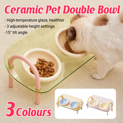 Ceramic Pet Double Bowls Stand Feeder Adjustable Height for Cat Dog Daily Use