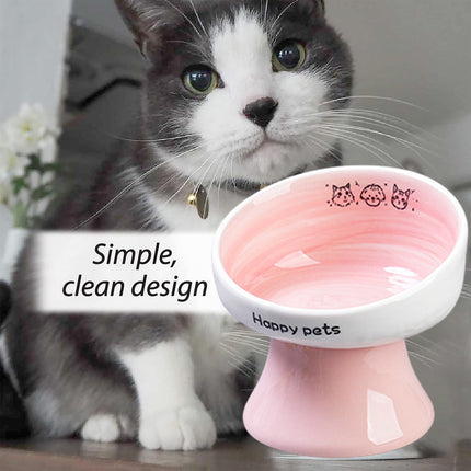 Tall Raised Ceramic Pet Bowl for Cats and Small Dogs in Blue or Pink
