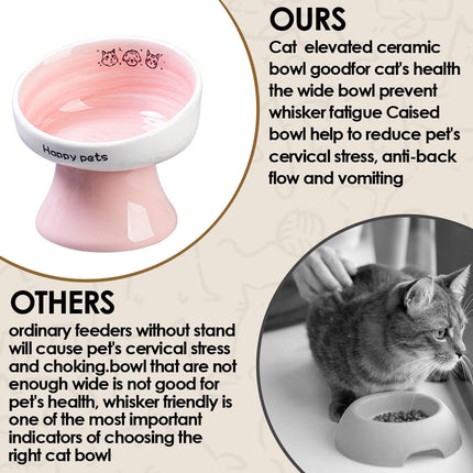 Tall Raised Ceramic Pet Bowl for Cats and Small Dogs in Blue or Pink
