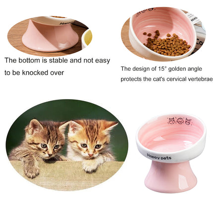 Tall Raised Ceramic Pet Bowl for Cats and Small Dogs in Blue or Pink