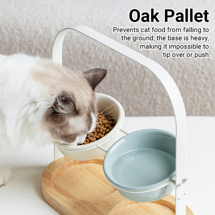 Ceramic UFO Cat Bowl Double-Bowls Adjustable Height Oak Pallet Easy to Clean