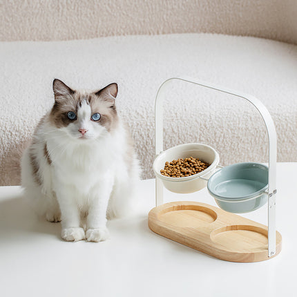Ceramic UFO Cat Bowl Double-Bowls Adjustable Height Oak Pallet Easy to Clean