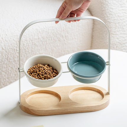 Ceramic UFO Cat Bowl Double-Bowls Adjustable Height Oak Pallet Easy to Clean