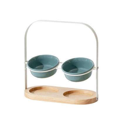 Ceramic UFO Cat Bowl Double-Bowls Adjustable Height Oak Pallet Easy to Clean