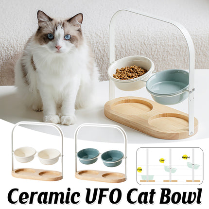 Ceramic UFO Cat Bowl Double-Bowls Adjustable Height Oak Pallet Easy to Clean