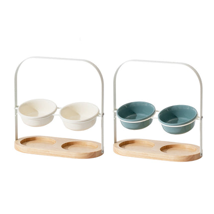 Ceramic UFO Cat Bowl Double-Bowls Adjustable Height Oak Pallet Easy to Clean