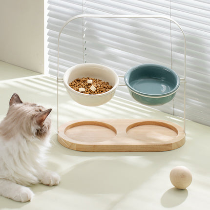 Ceramic UFO Cat Bowl Double-Bowls Adjustable Height Oak Pallet Easy to Clean