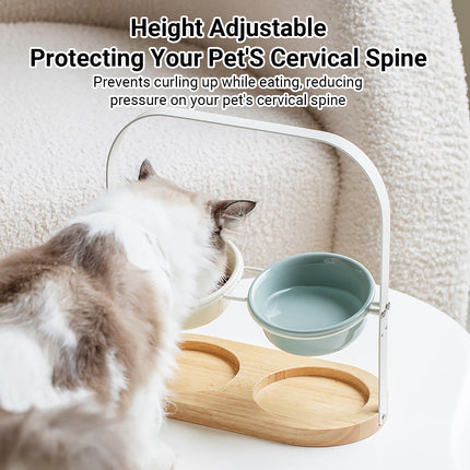 Ceramic UFO Cat Bowl Double-Bowls Adjustable Height Oak Pallet Easy to Clean