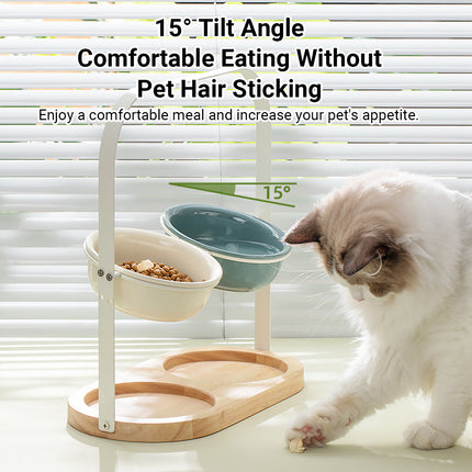 Ceramic UFO Cat Bowl Double-Bowls Adjustable Height Oak Pallet Easy to Clean