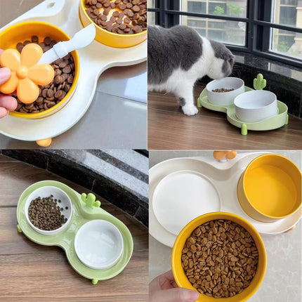 Dual Bowl Anti Tip Slanted Cat Food Bowl Pet Feeder Non Slip Stable Easy Clean