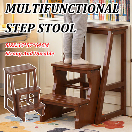 3 Tier Multi Function Bamboo Foldable Step Stool Space Saving Anti-Slip Footrest