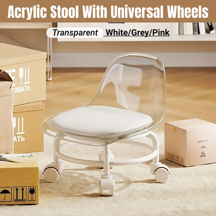Stool with Universal Wheels Pulley Short Stool with Backrest Comfortable Seat