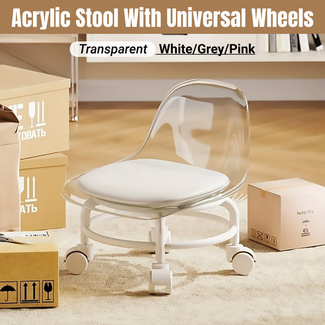 Stool with Universal Wheels Pulley Short Stool with Backrest Comfortable Seat