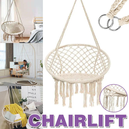Beige Hammock Swing Chair Cotton Macrame Hanging Rope Seat Indoor Outdoor Patio