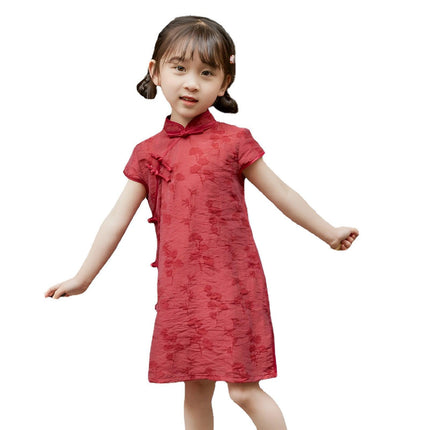 Summer Cotton Cheongsam Dress Girls Retro Solid Color Fashion Solid Color Dress - Aimall