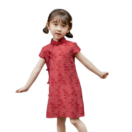 Summer Cotton Cheongsam Dress Girls Retro Solid Color Fashion Solid Color Dress - Aimall