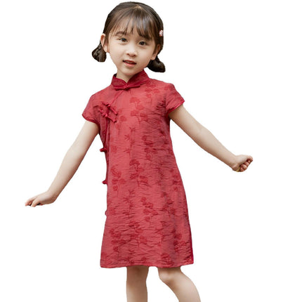 Summer Cotton Cheongsam Dress Girls Retro Solid Color Fashion Solid Color Dress - Aimall