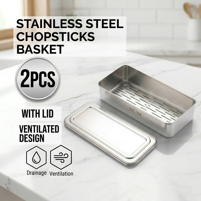 304 Stainless Steel Chopstick Baskets with Lids 2 Pack