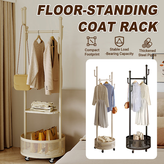Moveable Floor-Standing Coat Rack Space Saving for Bedroom Clothes Storage Use