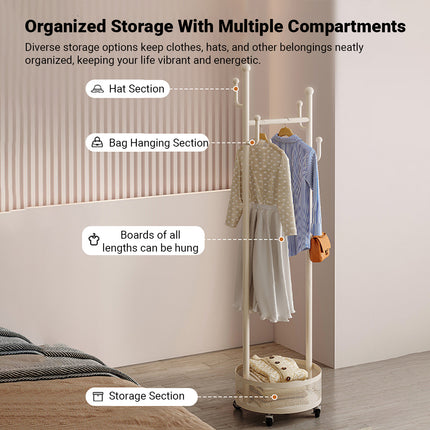 Moveable Floor-Standing Coat Rack Space Saving for Bedroom Clothes Storage Use
