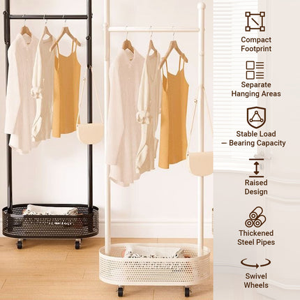 Portable Floor Standing Coat Rack with Wheels for Bedroom Clothes Storage Use