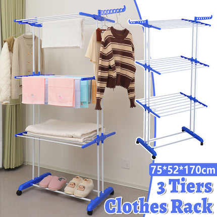 3 Tiers Indoor Folding Floor Standing Clothes Rack Movable Towel Organizer Shelf