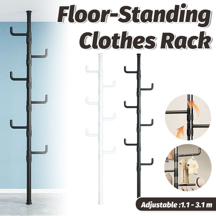 Indoor Floor Standing Telescopic Coat Rack with 6 Hooks Space Saving Daily Use