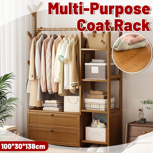 Bamboo Floor-Standing Clothes Rack with Drawers and Hooks Multi-Purpose Durable