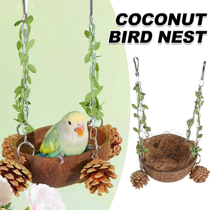 Coconut Birdhouse Swing Hammock Toy for Birds Natural Wooden Nest for Parrots