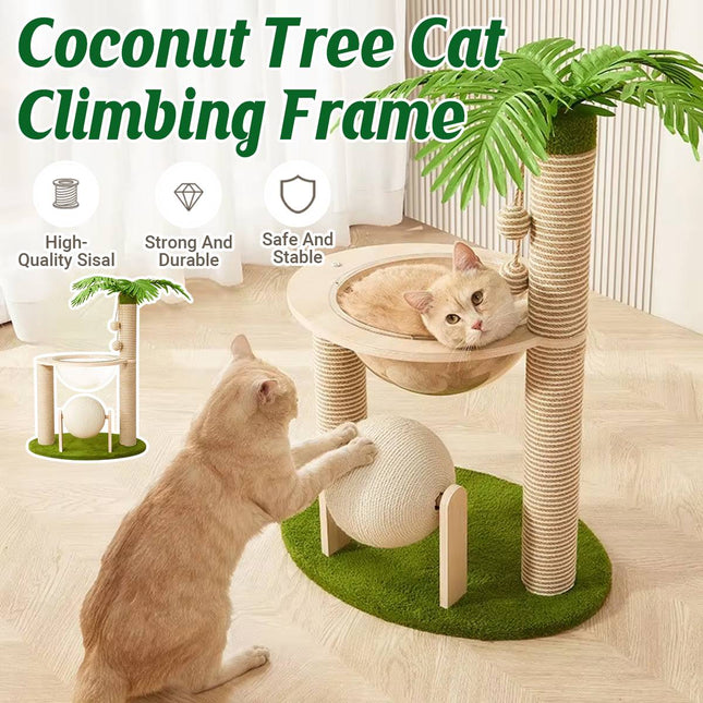 Coconut Palm Tree Cat Tree with Capsule Bed, Scratching Posts & Ball