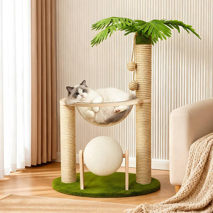 Coconut Palm Tree Cat Tree with Capsule Bed, Scratching Posts & Ball