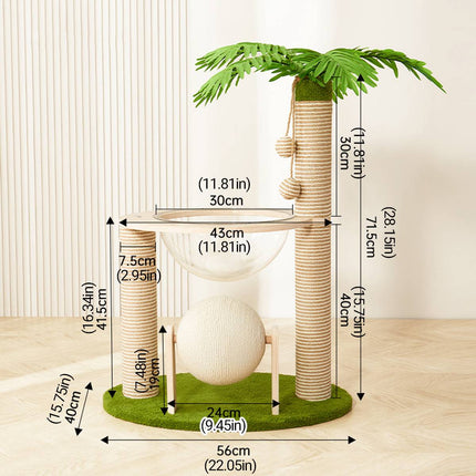 Coconut Palm Tree Cat Tree with Capsule Bed, Scratching Posts & Ball